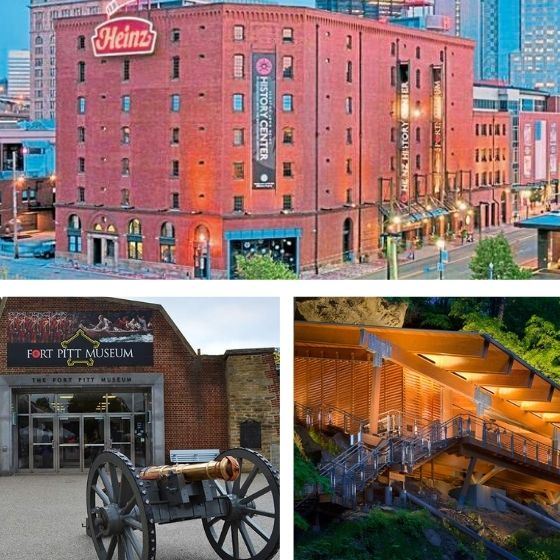 Photo of the Heinz History Center, Fort Pitt Museum, and an unknown building with stairs. 