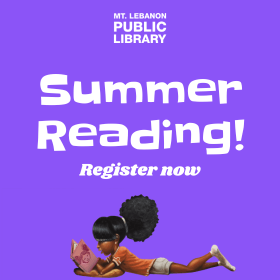 Text: Summer Reading! Register now. Illustration of child reading.