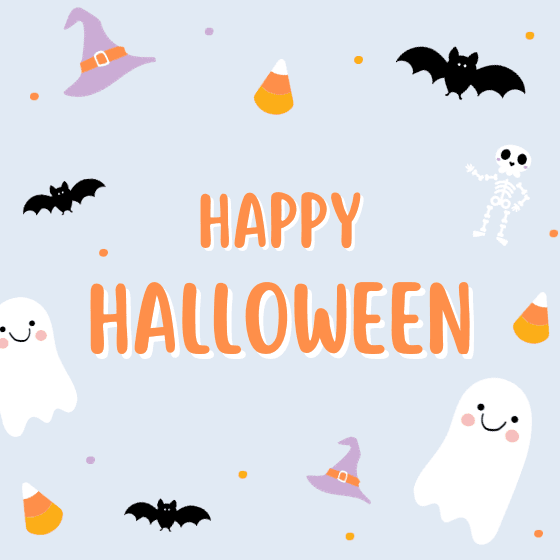Illustration of ghosts, skeletons, and witch hats. Text reads: Happy Halloween